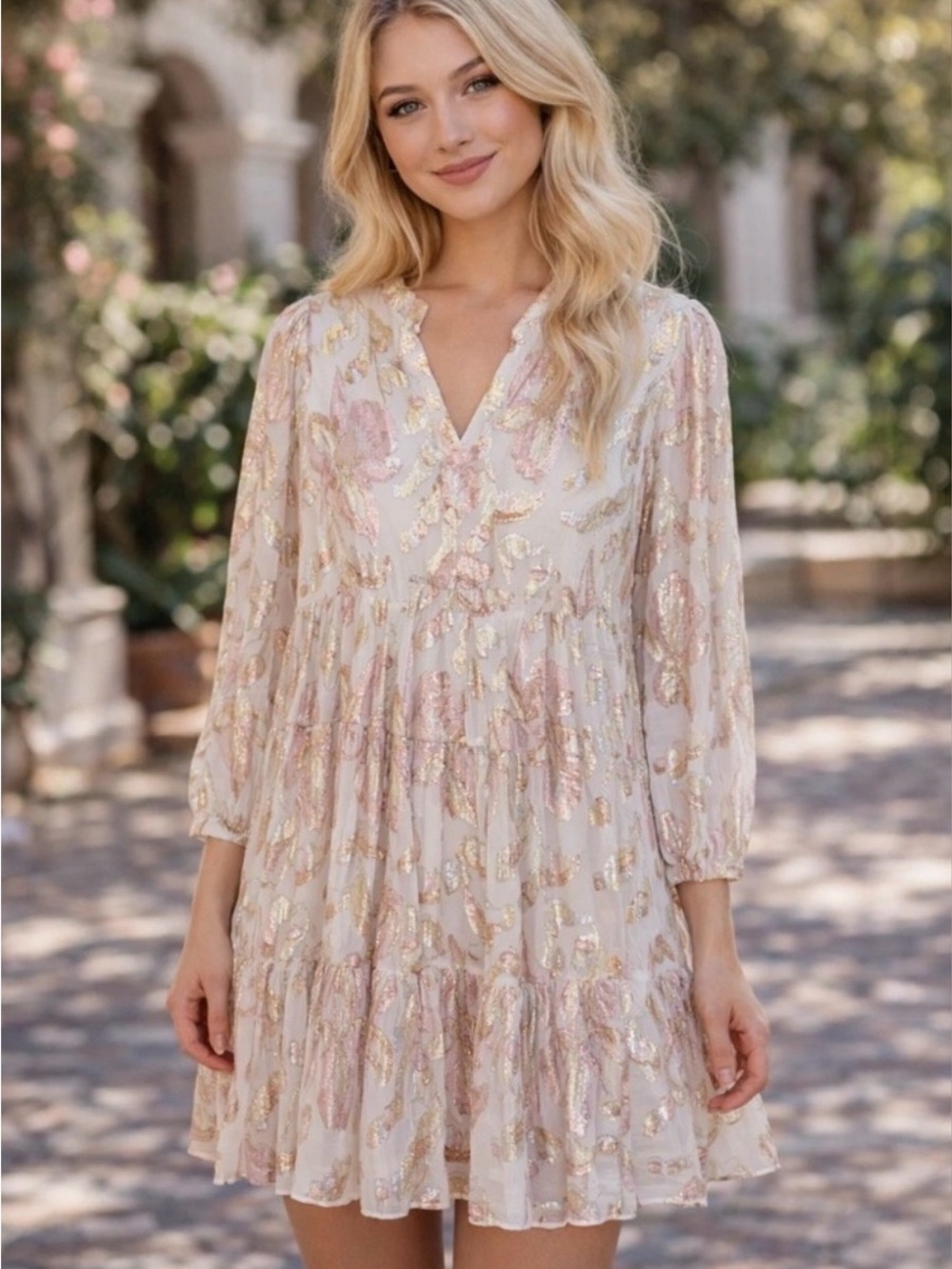 Lilly Pulitzer | Sarita Silk Dress | Gold, Cream + Pink